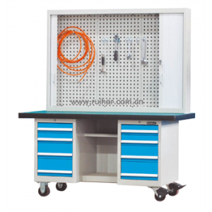 焊接式重型工作台带卷门挂箱和2组四抽柜(台面厚50mm)