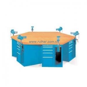 50mm榉木桌面六角工作台，含6组120mm台钳